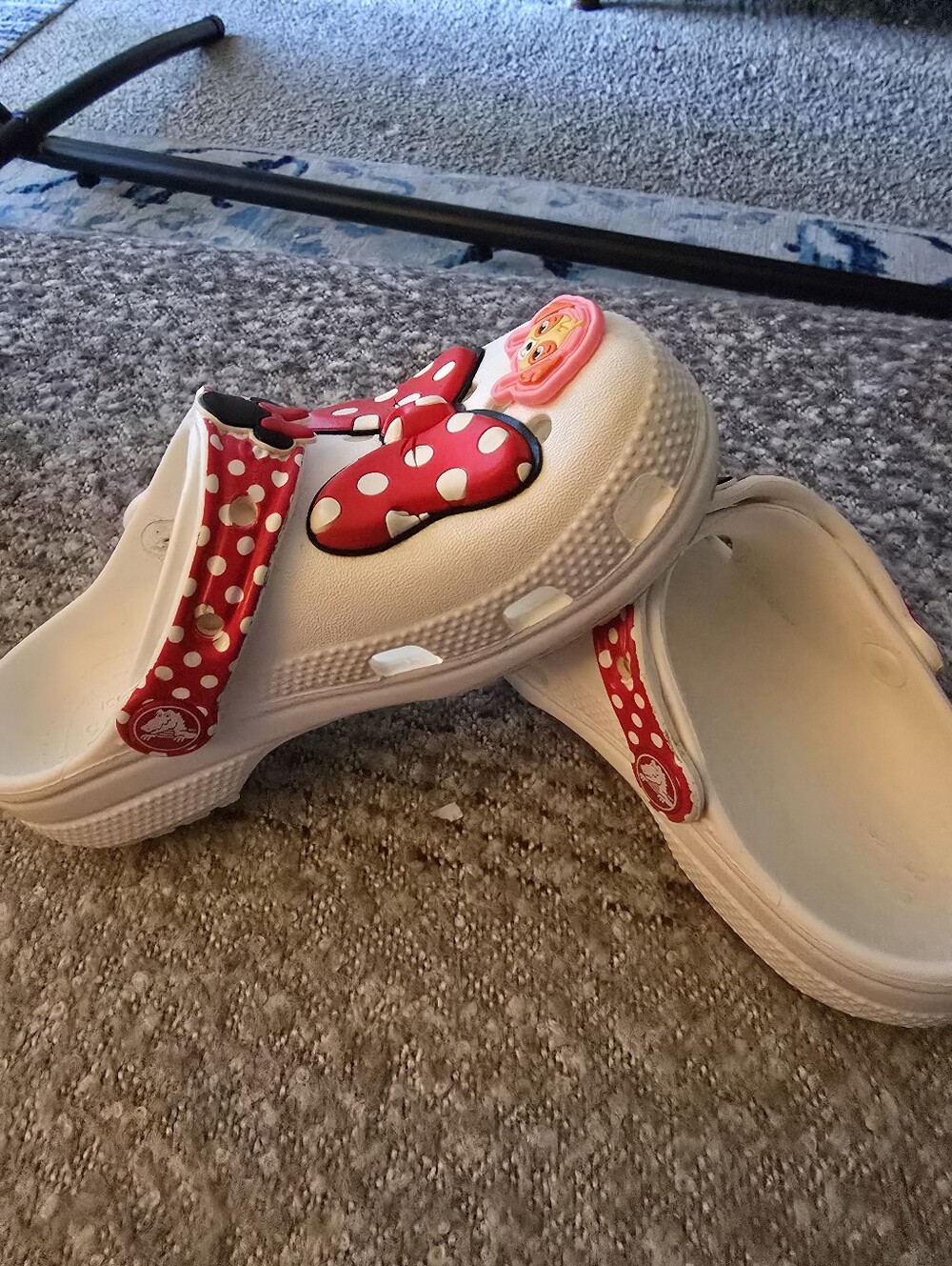 CROCS Kids White Clogs with Red Polka Dot Strap and Character Charm